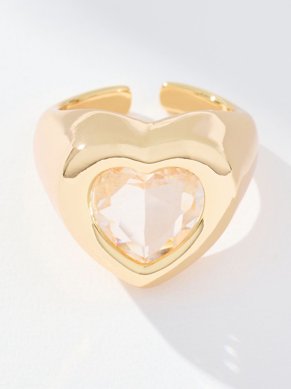 Anthropologie Gold Heart Cocktail Ring Clear Glass Brass NEW